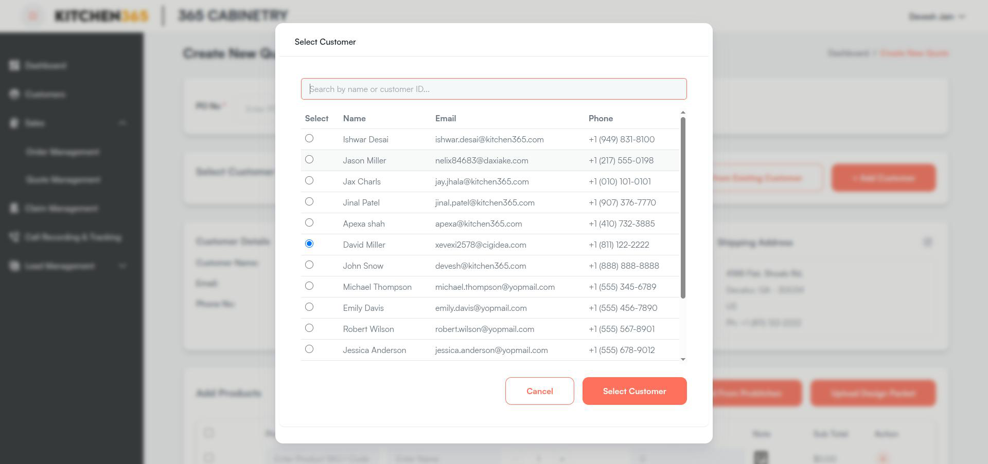 Select Customer Popup