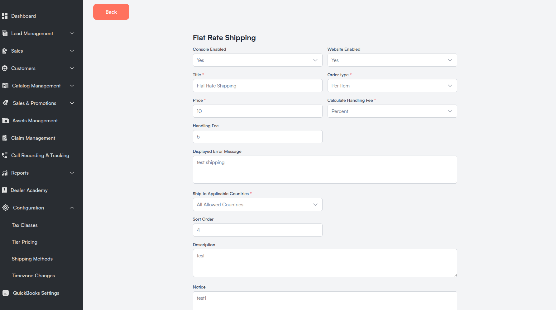 Edit Shipping Method form Screenshot