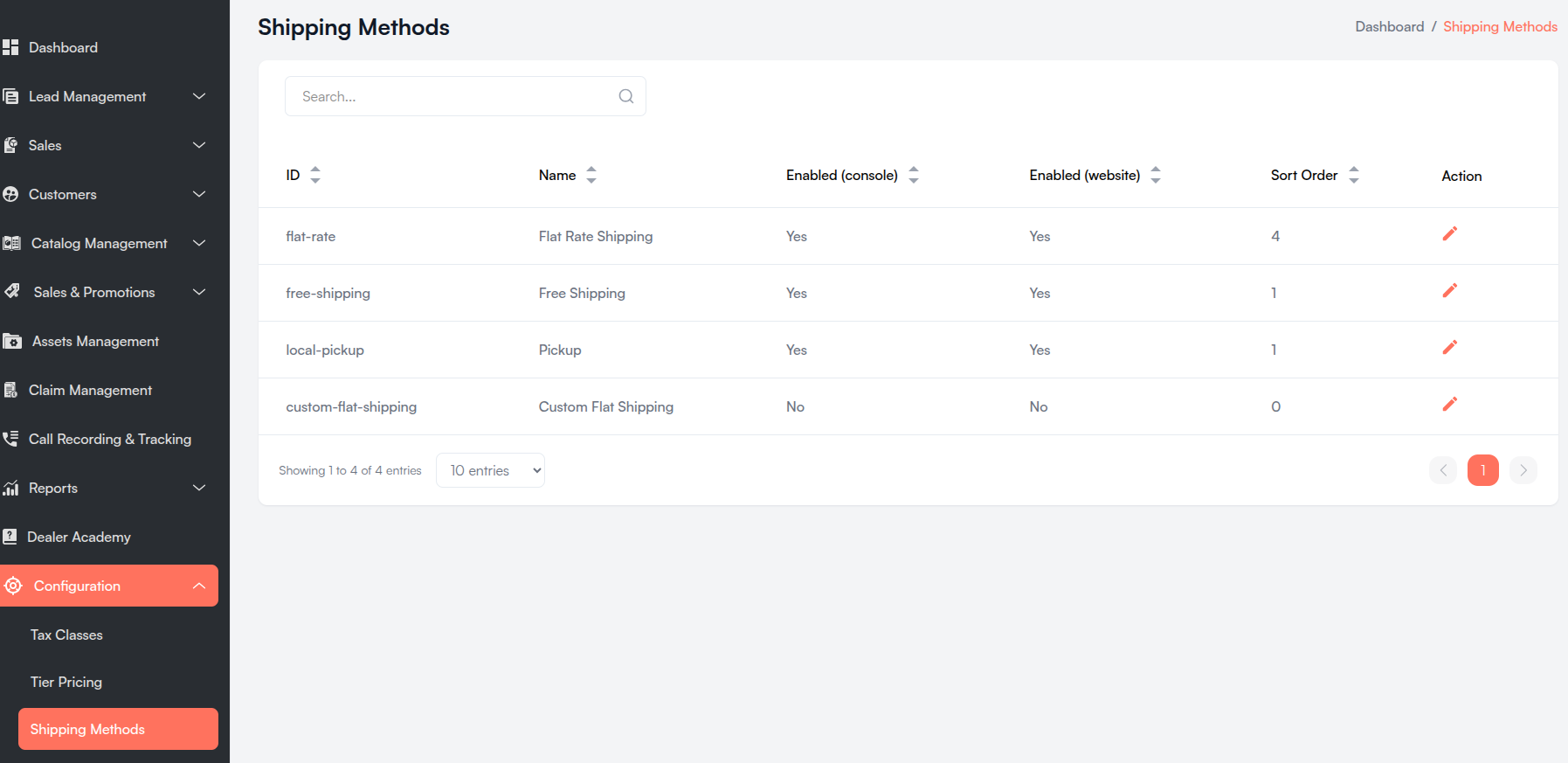 Shipping Methods list Screenshot