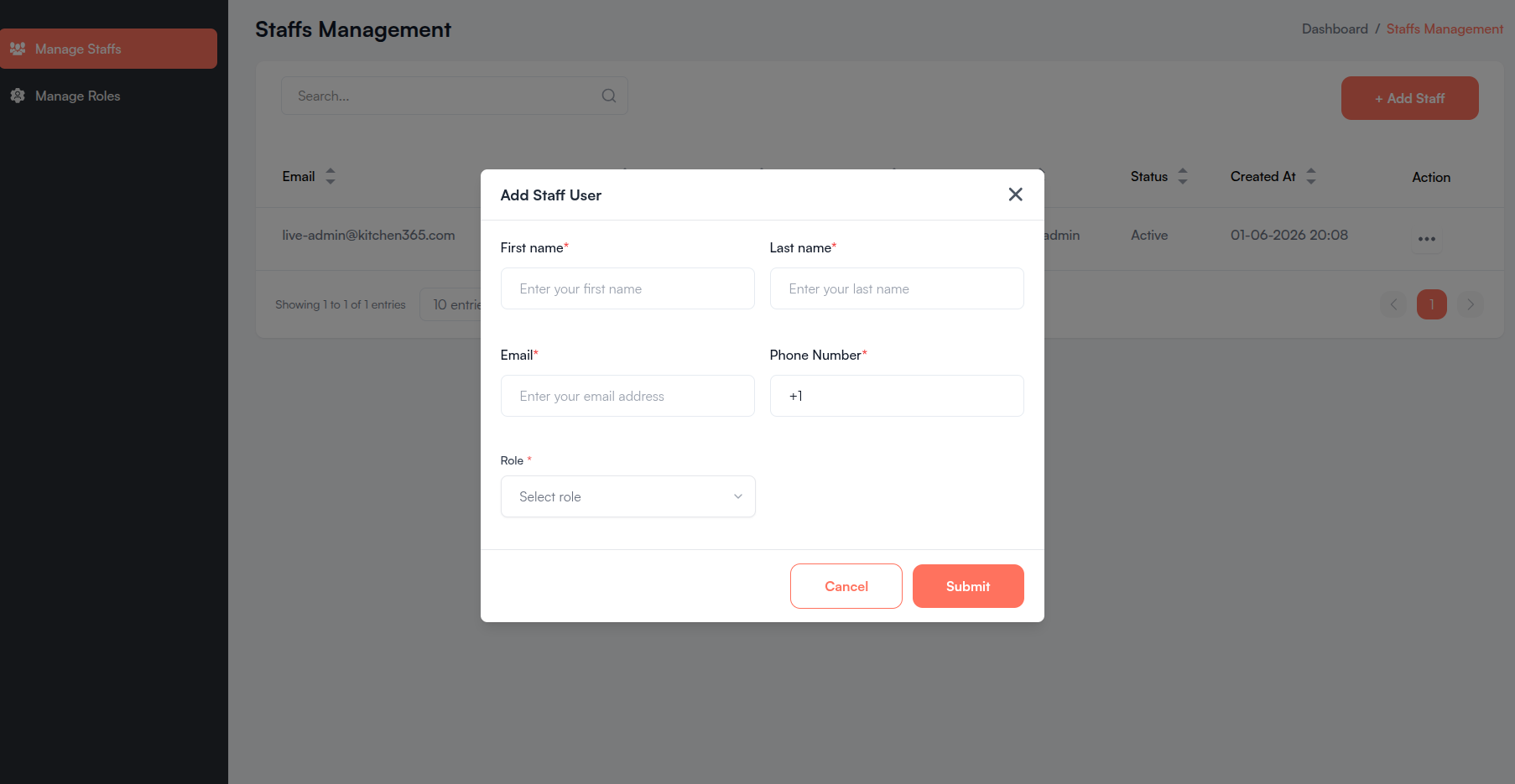 Add Staff User modal Screenshot