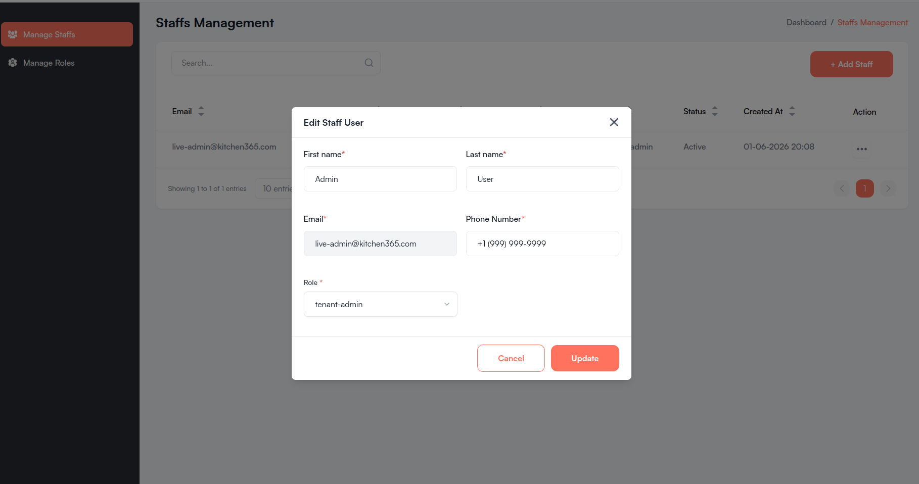 Edit Staff User modal Screenshot