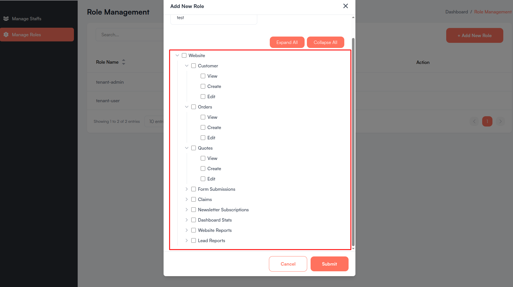 Permission tree Screenshot
