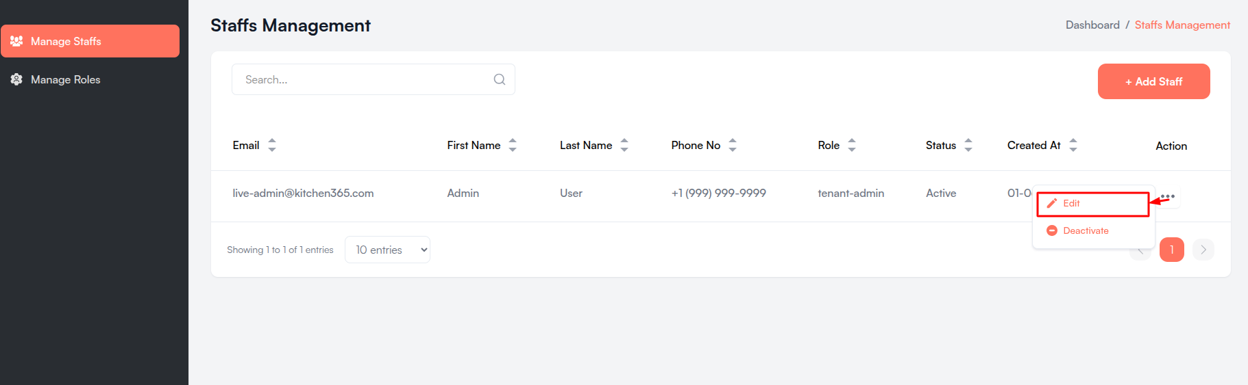 Staff User row actions Screenshot