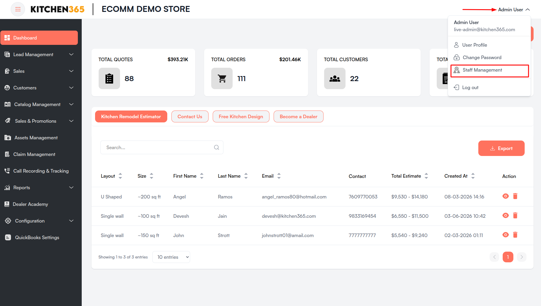 Staffs Management sidebar menu Screenshot