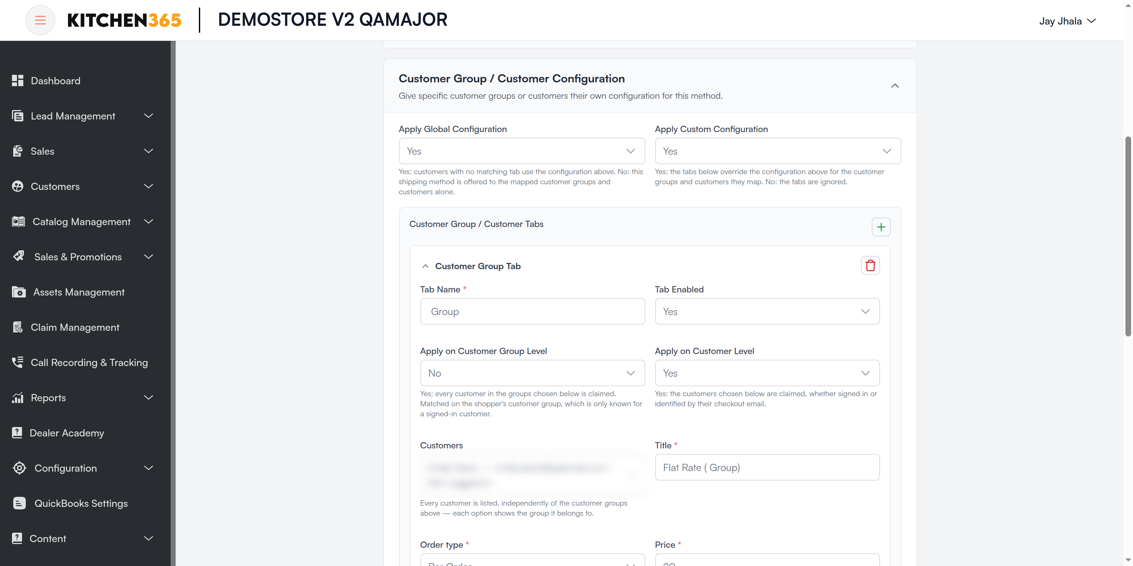 Customer Group / Customer Configuration Screenshot