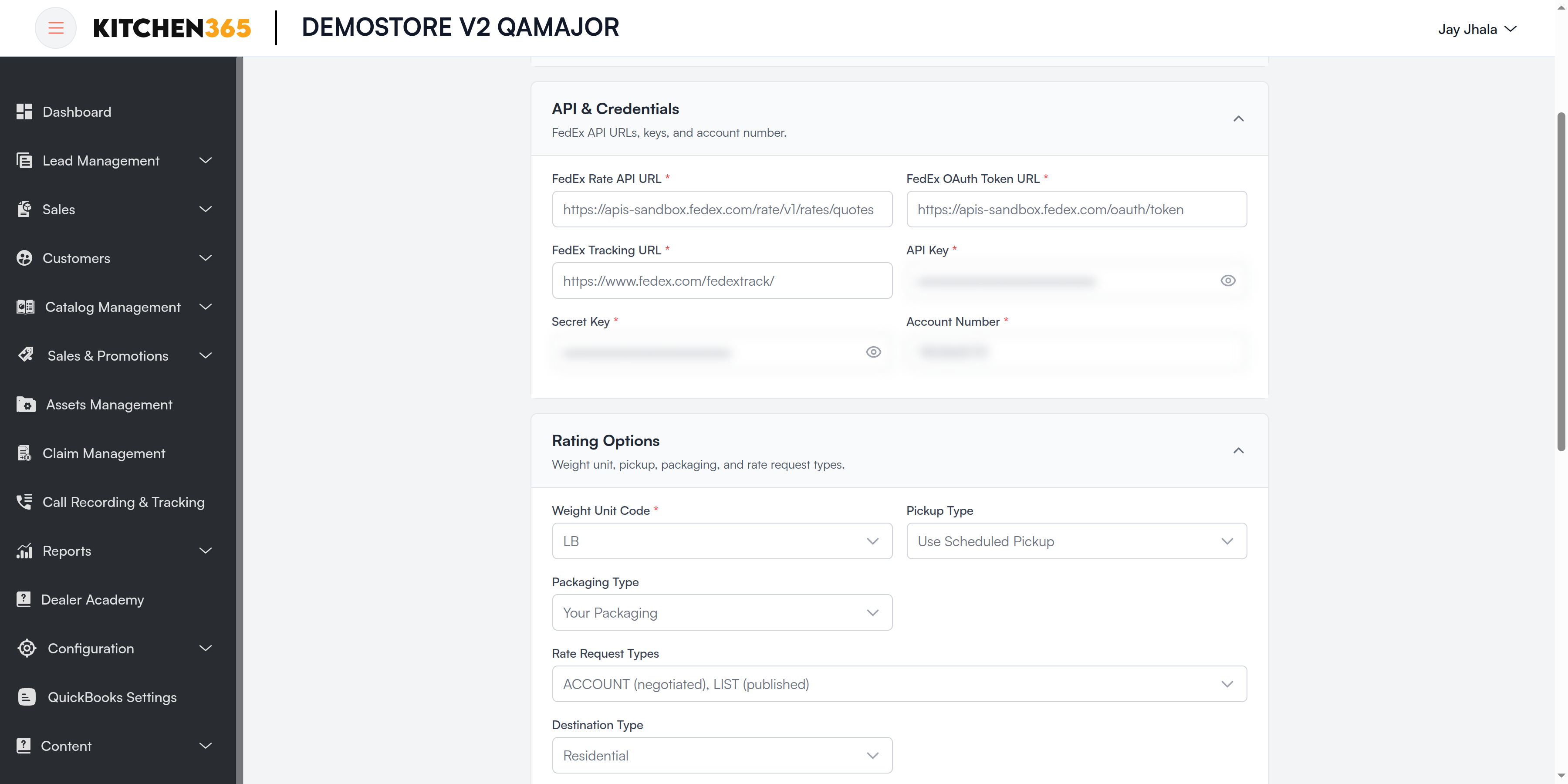 FedEx API &amp; Credentials and Rating Options Screenshot