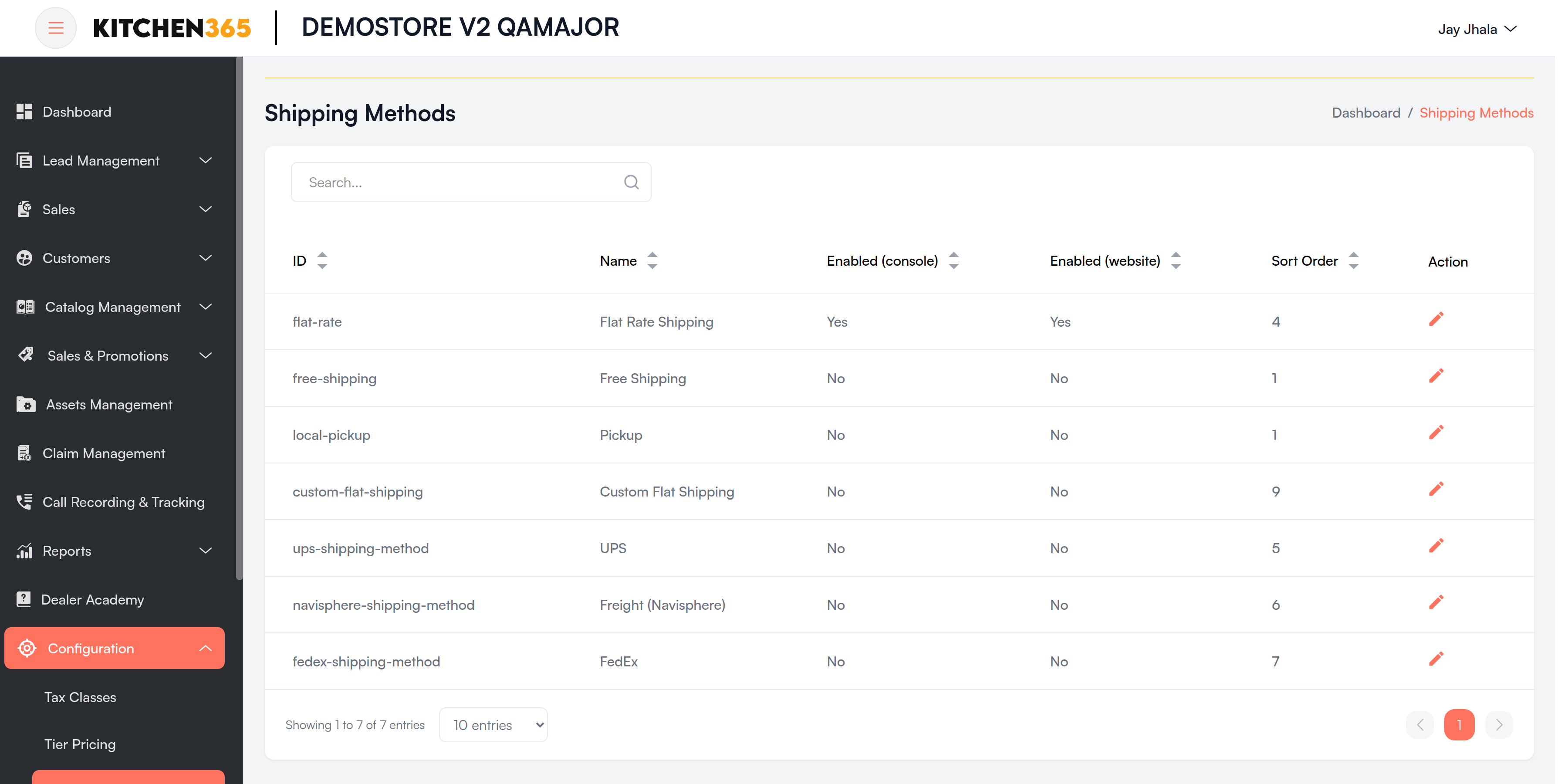 Shipping Methods list Screenshot