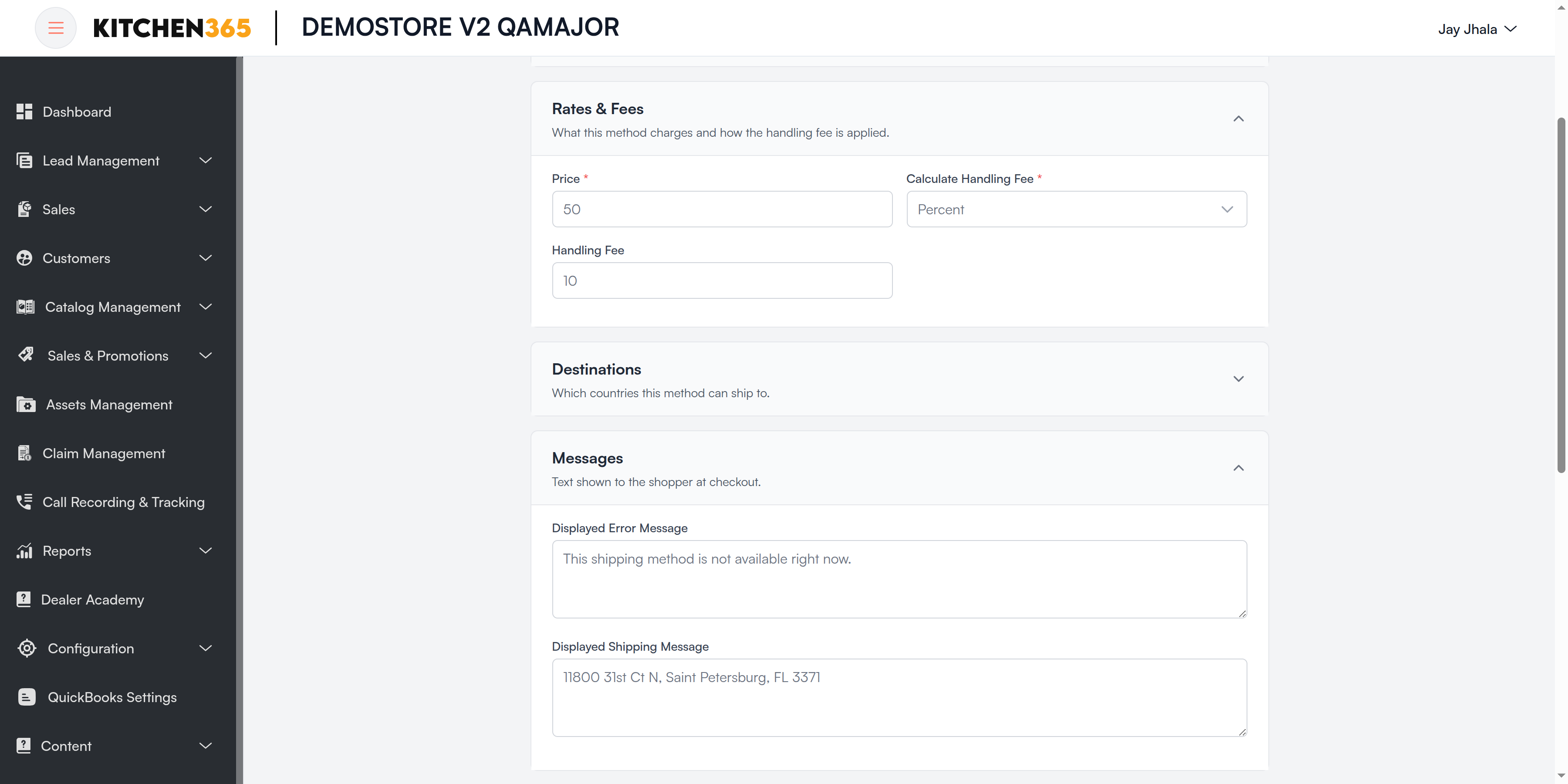 Local Pickup Rates &amp; Fees and Messages Screenshot
