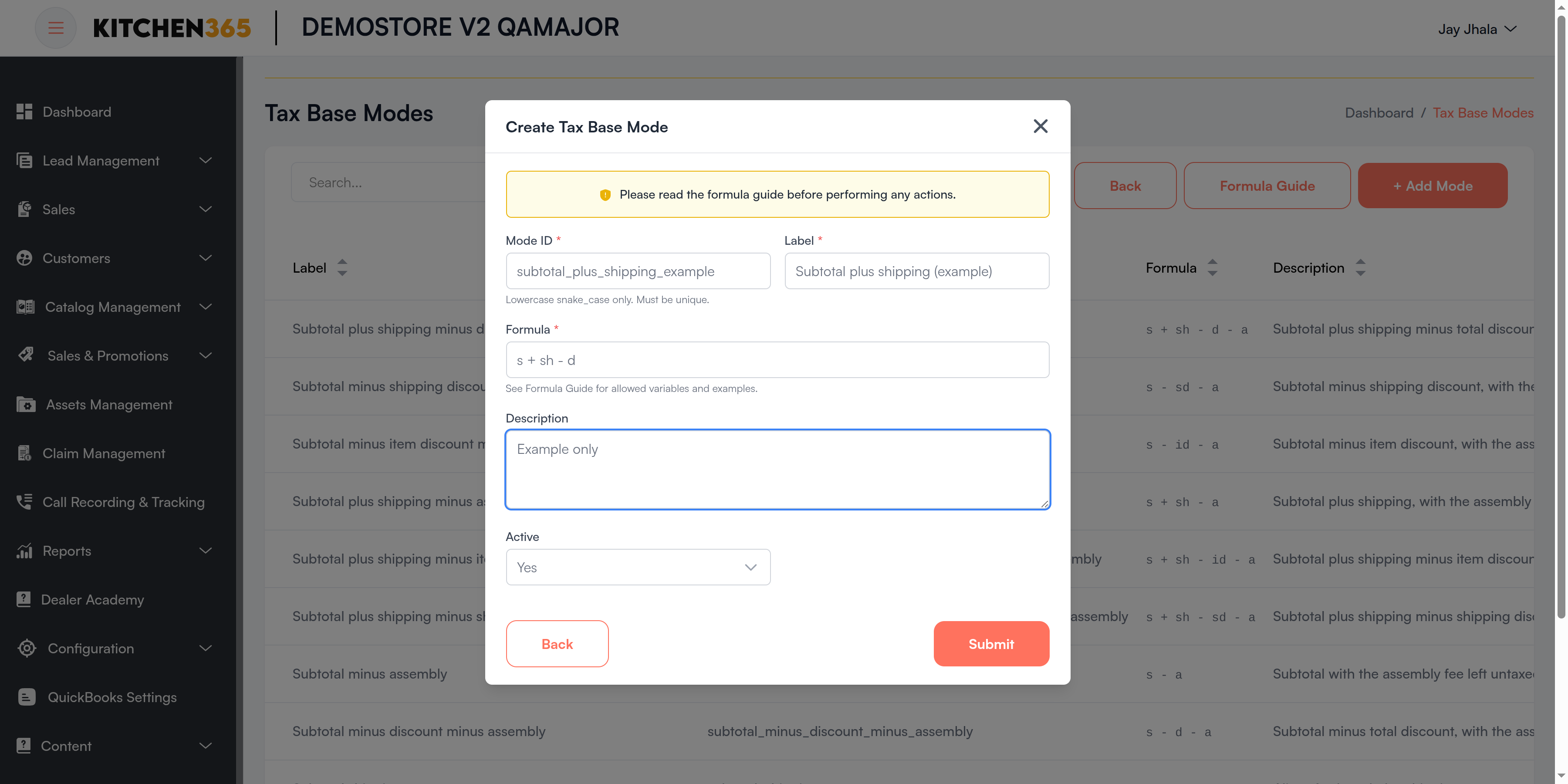 Create Tax Base Mode dialog Screenshot