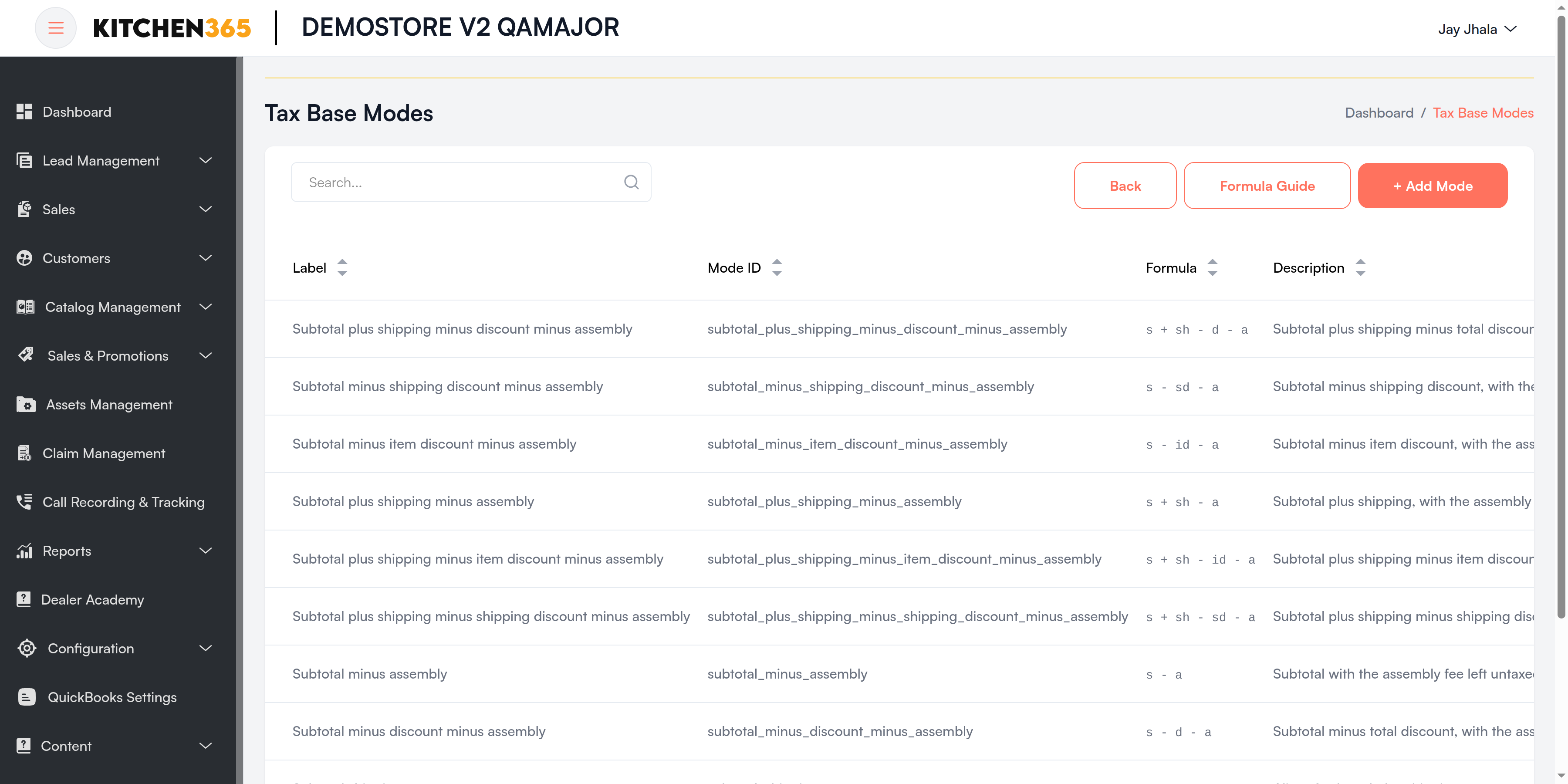 Tax Base Modes list Screenshot