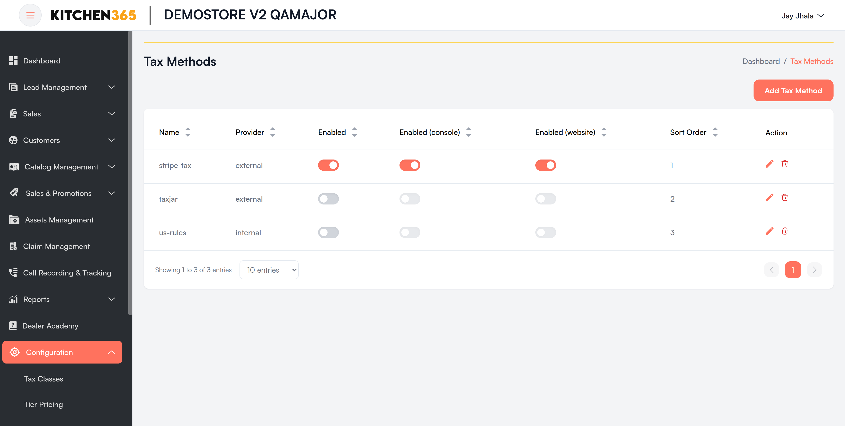 Tax Methods list Screenshot