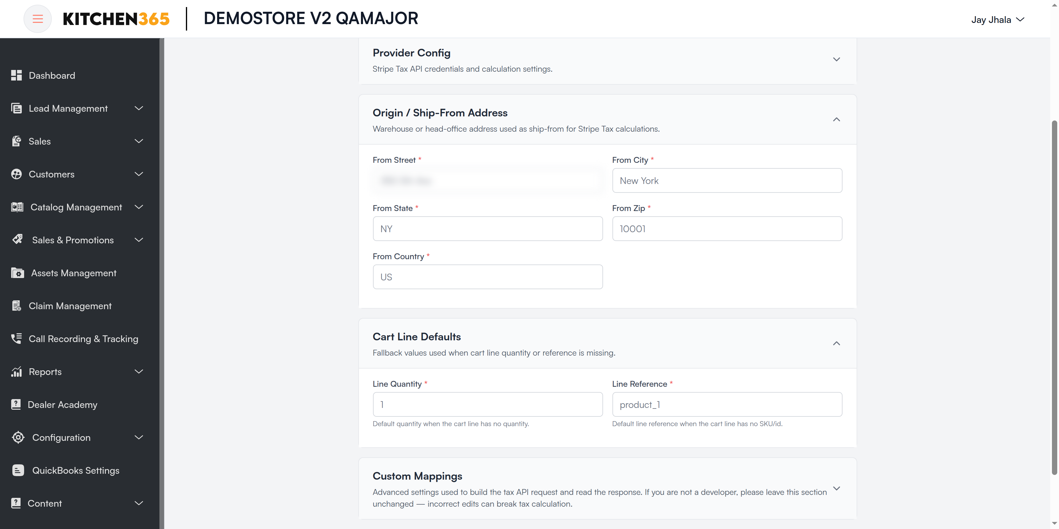 Stripe Tax Origin and Cart Line Defaults Screenshot