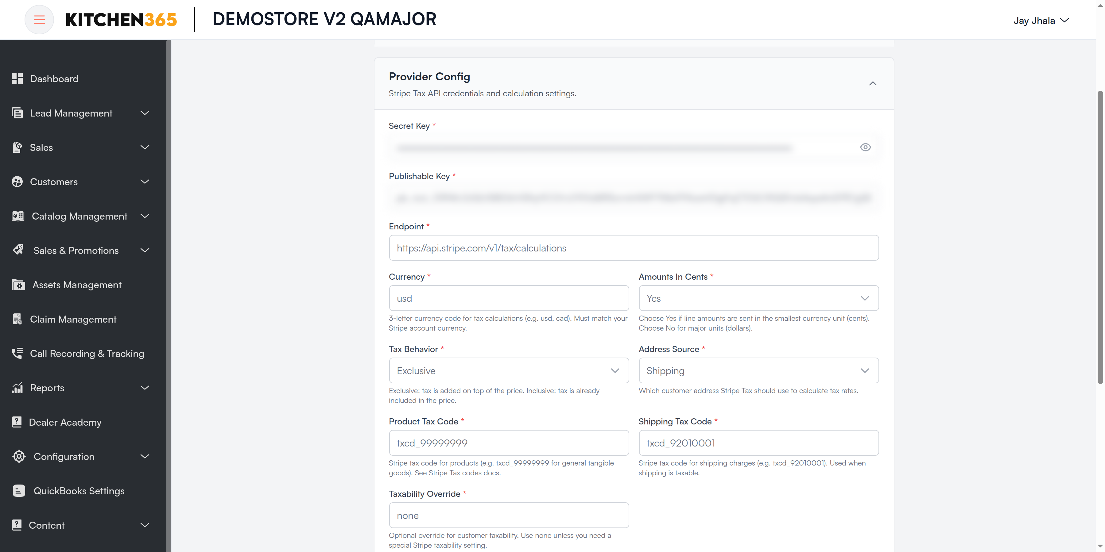Stripe Tax Provider Config Screenshot
