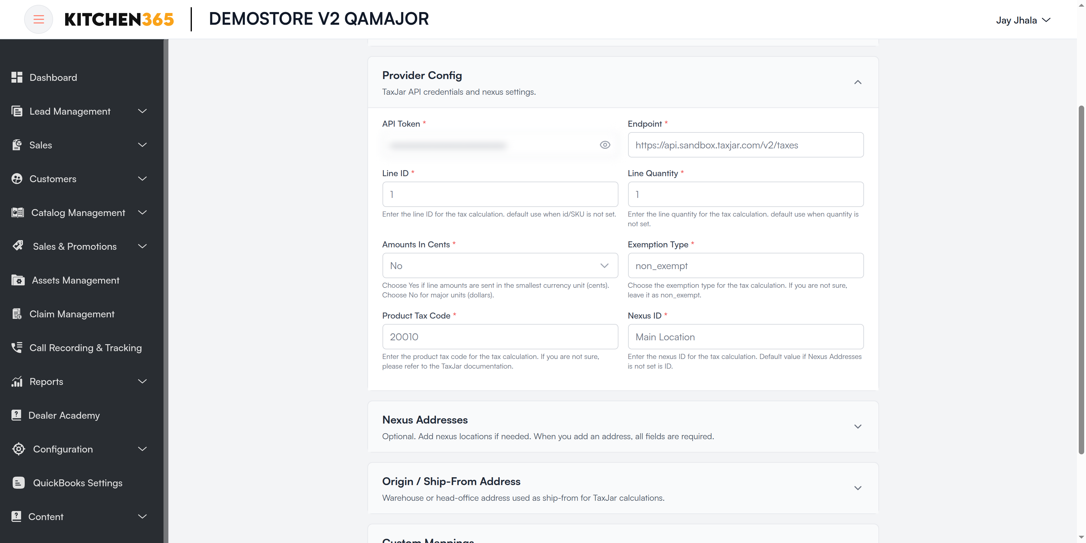 TaxJar Provider Config Screenshot