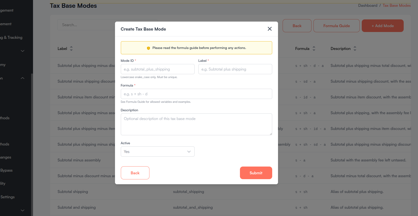 Create Tax Base Mode dialog Screenshot