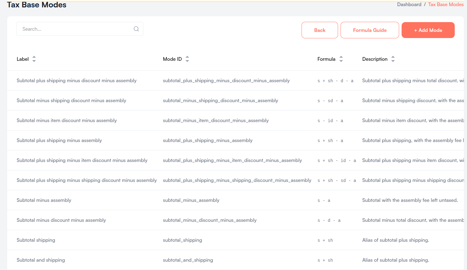 Tax Base Modes list Screenshot