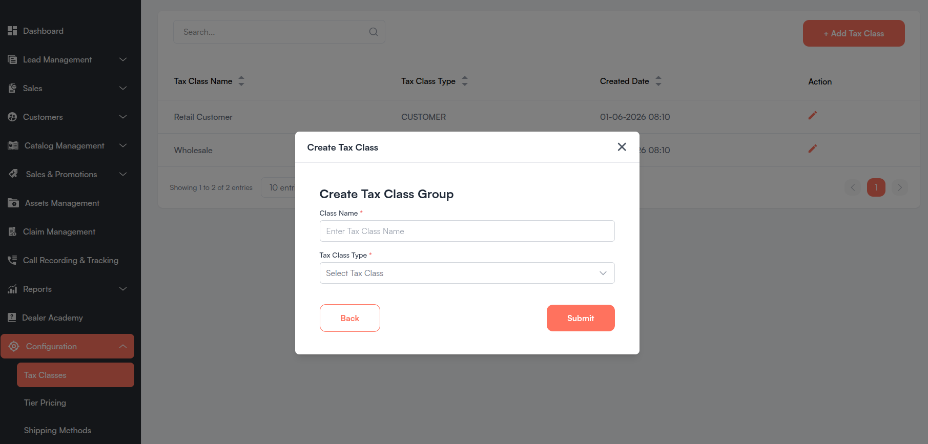 Create Tax Class modal Screenshot