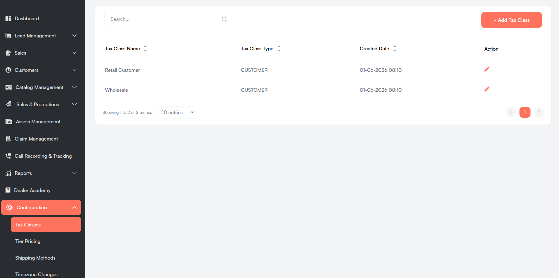 Tax Classes list Screenshot