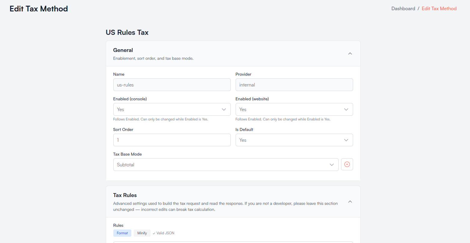 Edit Tax Method form Screenshot