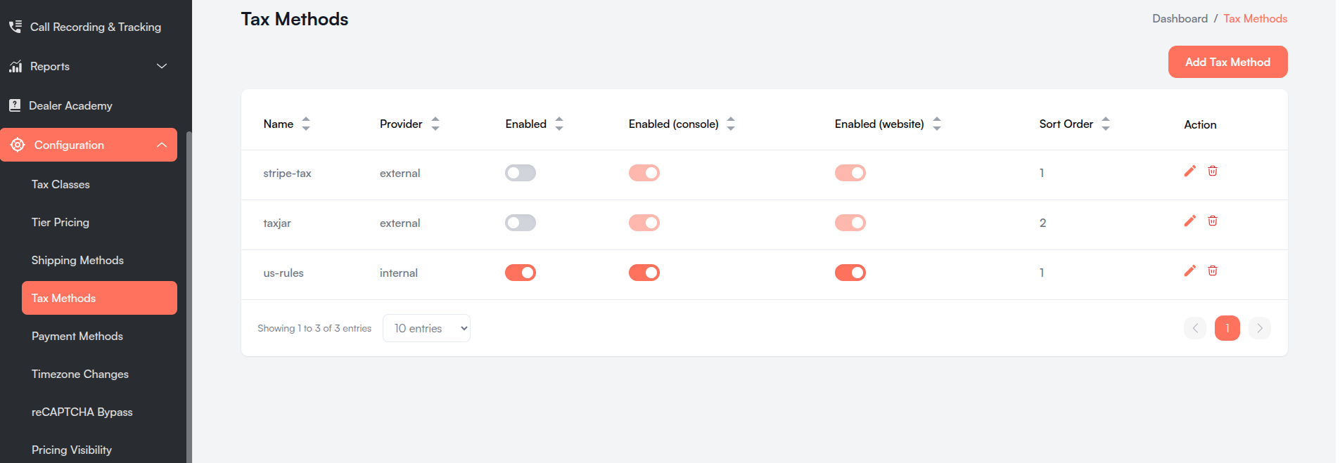 Tax Methods list Screenshot