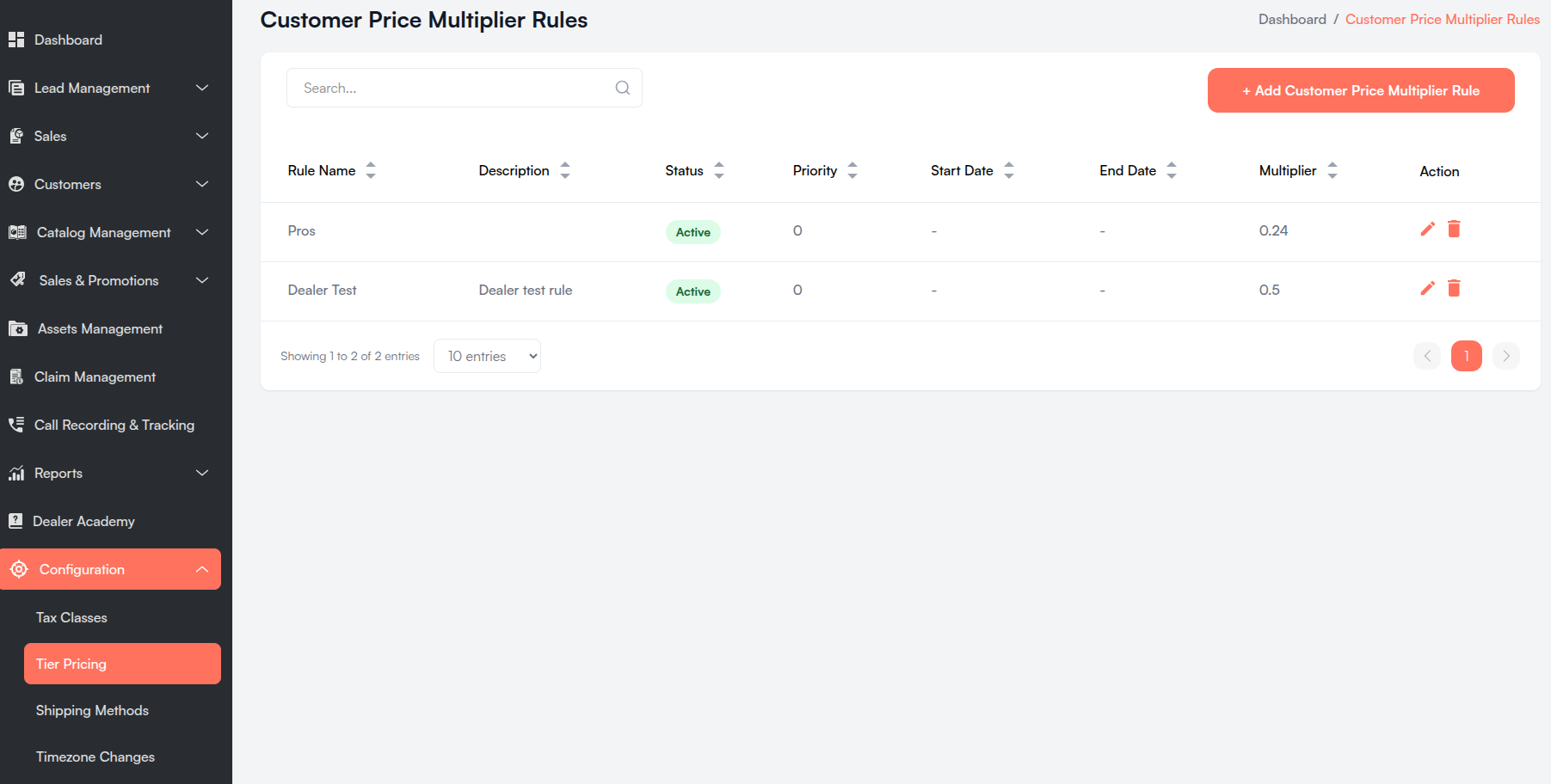 Tier Pricing list Screenshot