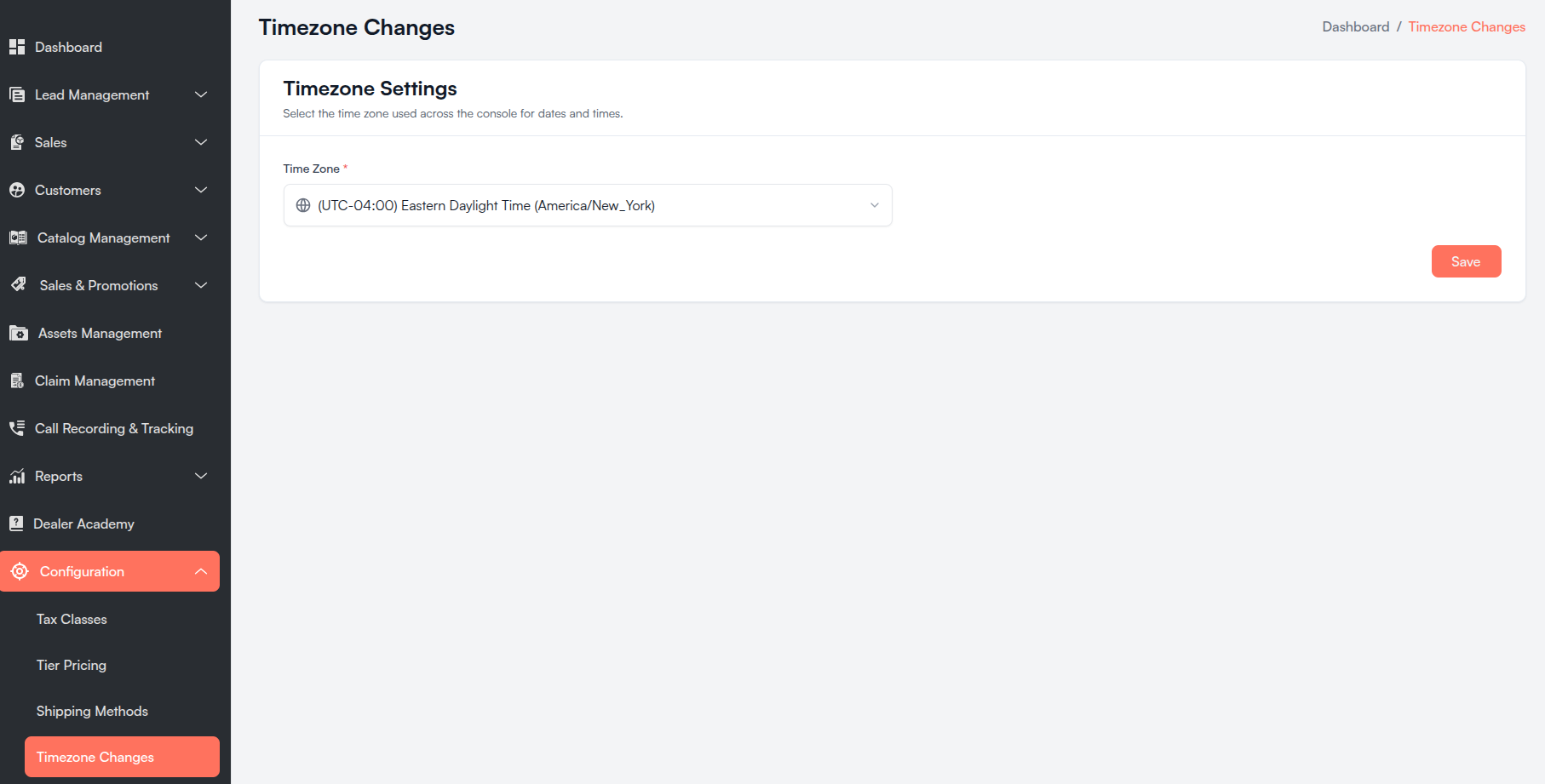 Timezone Settings page Screenshot