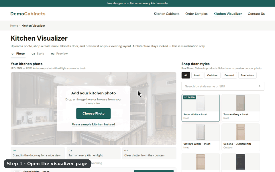 The full Kitchen Visualizer flow on a website